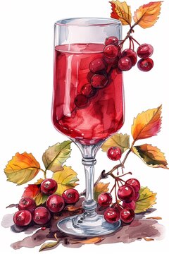 glass of juice with branches and berries on white background, in the style of golden palette