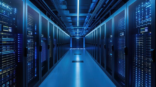 Server room data center Backup, mining, hosting, mainframe computer rack with storage information