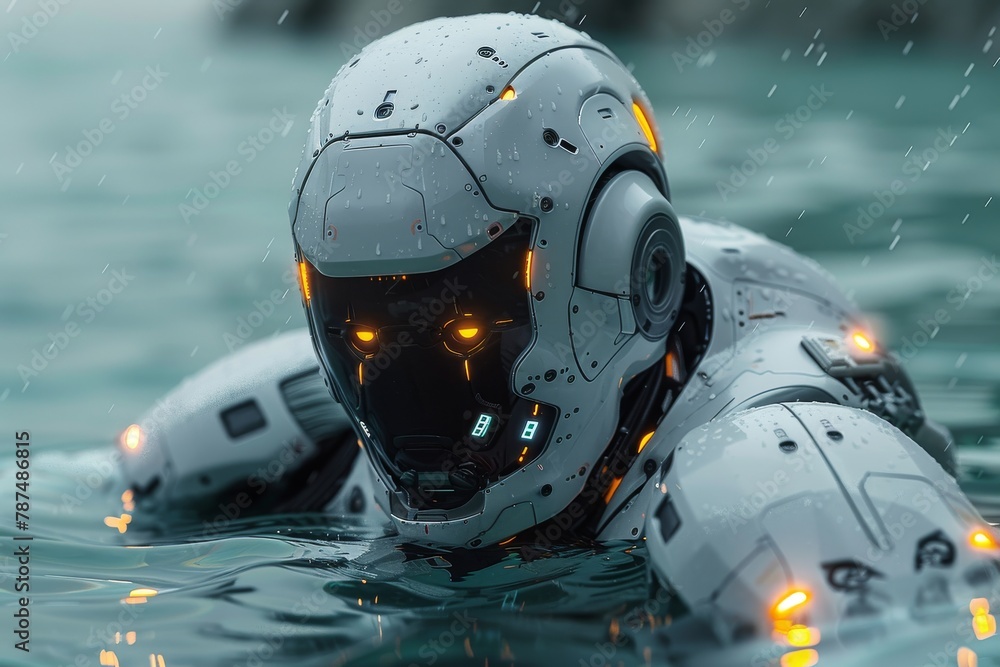 Poster close-up of a high-tech robot face as raindrops streak across the surface, highlighting complex desi
