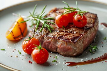 Grilled steak garnished with fresh cherry tomatoes, herbs, and drizzle of sauce for a flavor-packed meal