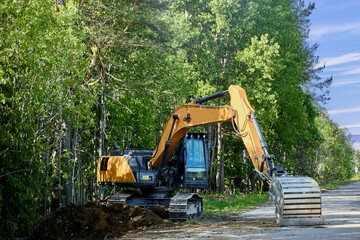 Excavator works in forest belt near country road.