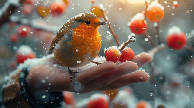 Amidst a winter wonderland, cheerful birds flock to be fed by an unseen hand in a picturesque garden, offering an inviting backdrop for your message in this enchanting generative AI composition-1