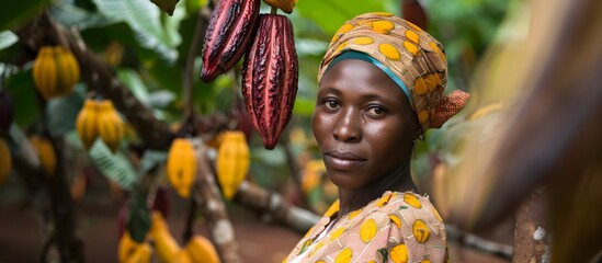 black woman smiling, collecting cocoa beans fresh in the forest, elephants in the background,...