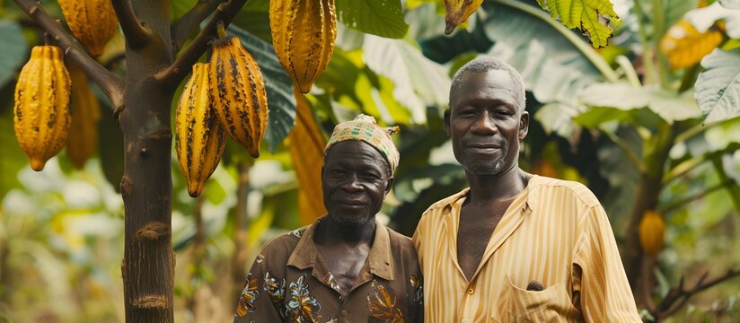 black woman smiling, collecting cocoa beans fresh in the forest, elephants in the background, label, chocolate business card, raw cocoa, Ivory Coast, Africa
