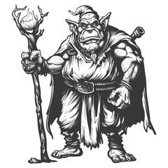 Fototapeta na wymiar ogre mage or necromancer with magical staff images using Old engraving style