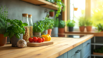 Vibrant and cozy kitchen made from natural materials: wooden countertop and cabinets. Fresh herbs...