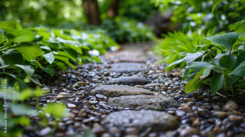 Poster the smooth cool surface of the stones underfoot contrasts with the vibrant greenery that lines the p