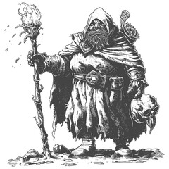 ogre mage or necromancer with magical staff images using Old engraving style