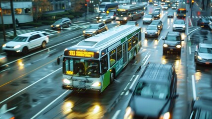 Fototapeta premium A timelapse image of a biofuel bus navigating through heavy traffic highlighting its reliability and efficiency in a busy city. The background shows a mix of cars and traditional buses .