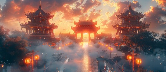 Dragon Gate: Traditional Chinese Mythological Wonder - obrazy, fototapety, plakaty