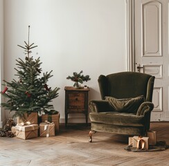 A Chair and a Christmas Tree in a Room