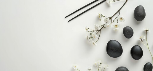 Branch With White Flowers and Black Stones
