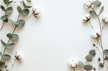 Cotton and Eucalyptus Leaves on White Background