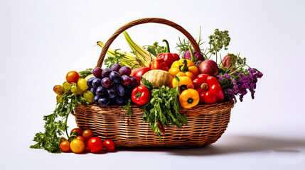 A basket of fruits and vegetables is displayed on a white background