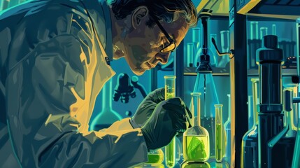 A scientist in a lab setting peering into a test tube filled with a bright green liquid. The lab is filled with beakers measuring tools and vials creating a chaotic yet organized atmosphere. . - obrazy, fototapety, plakaty