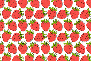 Seamless Fresh Red Strawberry pattern. Hand drawn sketch doodle illustration. Red Strawberry. Design for sticker, logo, diet concept, market. Repeated background for wallpaper, textile, wrapping