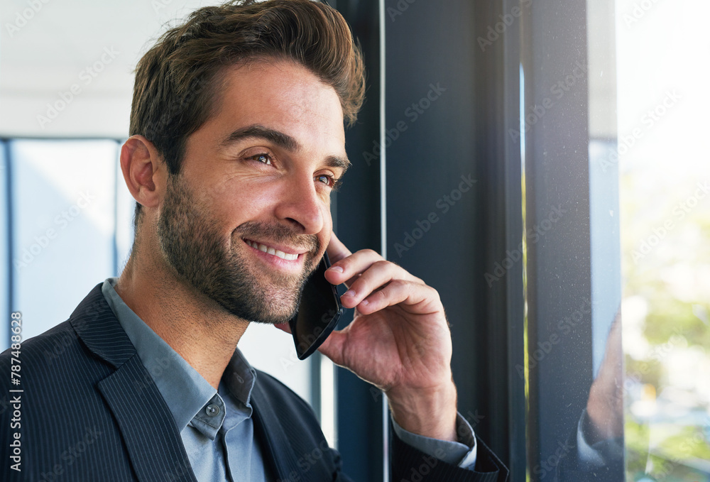 Aufkleber happy, businessman and phone call at office window for conversation, communication or proposal. face