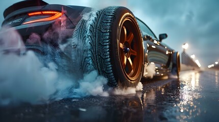 Speed & Smoke: The Thrill of Racing on Wet Asphalt. Concept Racing, Thrill, Speed, Smoke, Wet Asphalt - obrazy, fototapety, plakaty