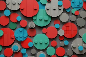 Abstract background with large colorful circles and stripes in red, blue green and gray, arranged on top of each other in an interlocking pattern The design is reminiscent of the lego brick texture, w