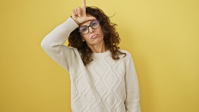 Sassy middle-age hispanic woman wearing glasses stands isolated on a yellow background, jabbing fingers on forehead in a 'loser' gesture, openly mocking and insulting people