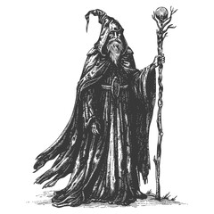 elf mage or necromancer with magical staff images using Old engraving style