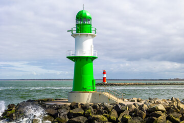 The lighthouse on the western pier of Warnemünde in Mecklenburg-Western Pomerania, Germany