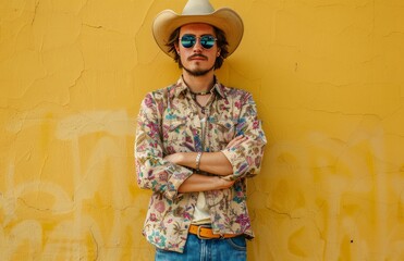 Fototapeta na wymiar Man in Cowboy Hat and Sunglasses Standing in Front of Yellow Wall