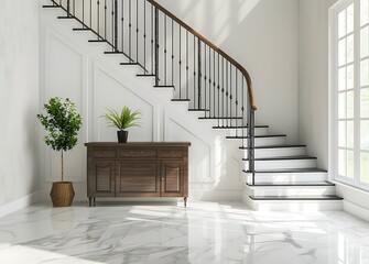 Staircase with white stairs and black handrail