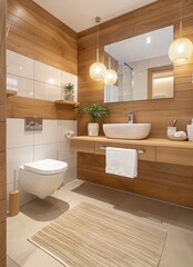 Fototapeta na wymiar Modern Bathroom With Wooden Wall and Round Mirror