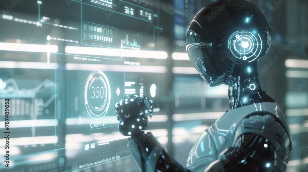Poster futuristic robot with interactive ai brain circuit in a high-tech environment