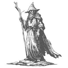 elf mage or necromancer with magical staff images using Old engraving style - obrazy, fototapety, plakaty