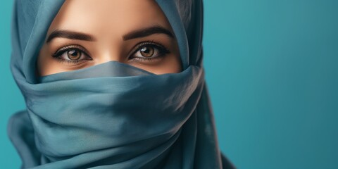 Confident Arab woman wearing a hijab, with a serene expression, against a turquoise background.
