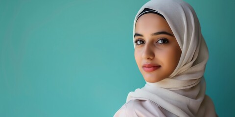 Confident Arab woman wearing a hijab, with a serene expression, against a turquoise background.