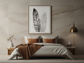 A minimalist wall decoration with a marble panel with feather silhouettes and butterfly silhouettes. Generative AI	