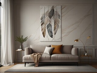 A minimalist wall decoration with a marble panel with feather silhouettes and butterfly silhouettes. Generative AI	