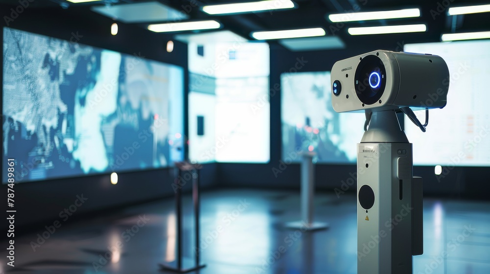 Poster futuristic disaster response robot in a high-tech control room with global maps