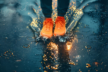 Dynamic Splash: Vibrant Feet Racing in Orange Sneakers, Painted Artistic Background, Glowing Sneaker Accents