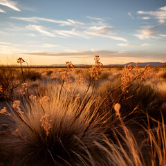 Dried plants in the desert dune at golden hour sunset