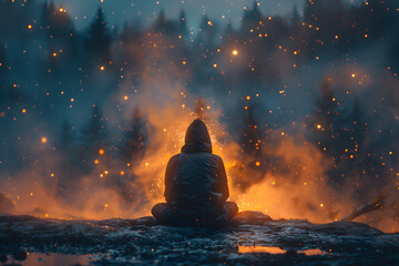 Cosmic Meditation: Orange Aura Empowerment under the Starry Night Sky - obrazy, fototapety, plakaty