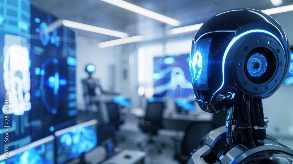 Poster advanced disaster response robot in high-tech facility with futuristic interface