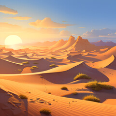 Naklejka premium Illustration of mysterious dune desert landscape background at sunset