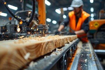 Industrial worker in safety gear cutting wood with machinery at a carpentry workshop