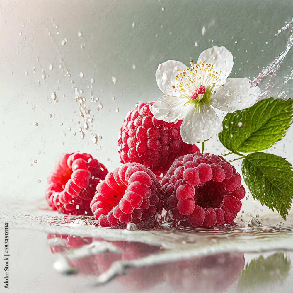 Poster illustration of a vibrant raspberries splashes into water, creating a dynamic and colorful scene, re