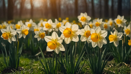 Beautiful narcissus flowers in the field