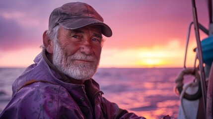 Obraz premium Weathered fisherman portrait at dusk with ocean and sunset backdrop