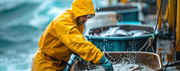 Fisherman in yellow gear processing catch on a wet deck at sea