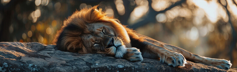 Naklejka premium A lion with a majestic mane laying down on a rock in its natural habitat