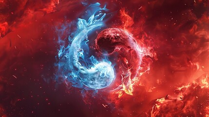yin and yang with blue and red fire - obrazy, fototapety, plakaty