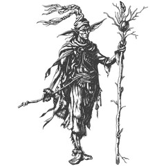 elf mage or necromancer with magical staff images using Old engraving style