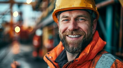 Smiling construction worker in hard hat and high-visibility jacket on industrial site - Powered by Adobe